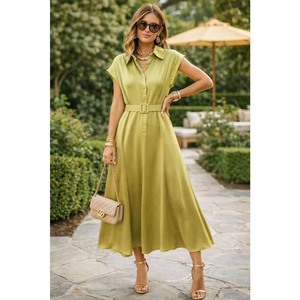 Badgley Mischka Modern Belted A-Line Midi  Golden Green sz 4  Shirt-Dress Luxe